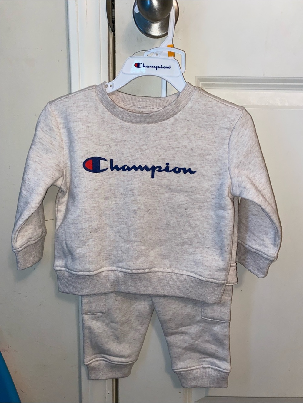 Champion Cream Logo Crewneck Sweatshirt - Navy & Red Accent